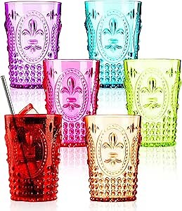 Muldale Vintage Plastic Drinking Glasses Set of 6 - Colored Acrylic Party Highball Tumblers 13.5oz - Boho Stackable Unbreakable Pool Glasses for Adults - BPA Free