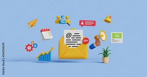 3D email marketing, CRM, email automation. Subscribe to newsletter, sign up for mailing list. Email service for customers, customer retention strategy. 4K 3D animation. Trim first 3 sec for loop