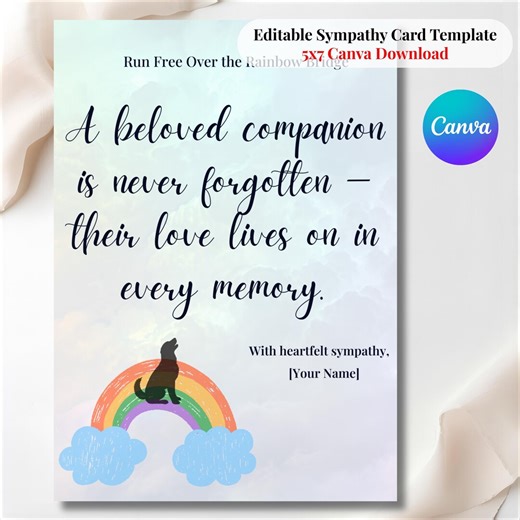 Dog Loss Sympathy Card Template | Rainbow Bridge Quote Printable | Pet Memorial Condolence Card | Editable Canva Download - Etsy Canada