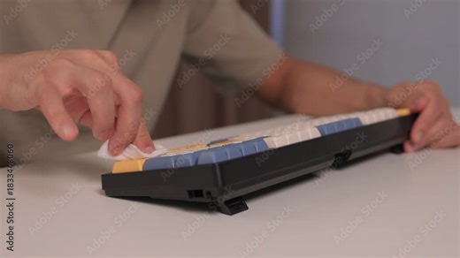 Gentle dust removal from keys, Carefully wiping dust off blue and white keys, Deliberate fingertip motions delicately clearing dust from premium keys under warm lighting