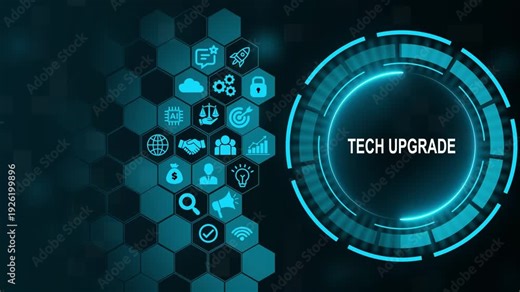 Tech Upgrade Futuristic HUD Dashboard with Hexagon System Enhancement Icons and Advanced Digital Innovation Development Concept