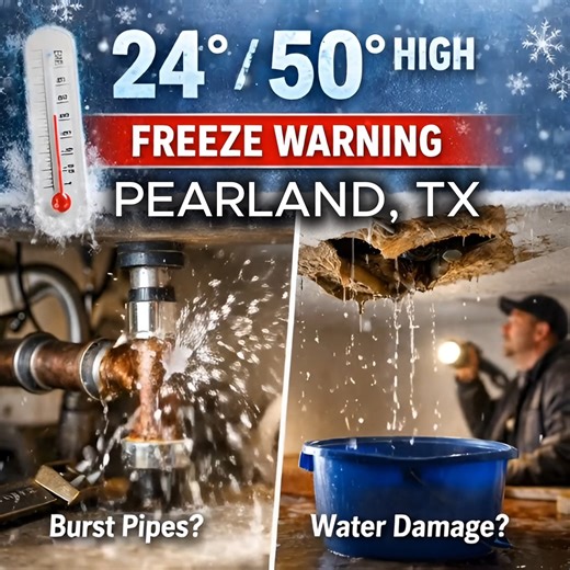 🥶 Pearland Weather Update Tuesday, January 27th 2026 Today in Pearland, temperatures will dip to a low of 24°F and reach a high near 50°F, with a substantial portion of the day remaining below freezing. These conditions increase the risk of frozen or burst pipes and potential water damage. If your home has been impacted, give Besser Roofing & Renovations a call. We are fully licensed general contractors and can quickly inspect the damage and make necessary repairs to help prevent further issues