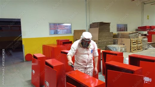 Painter wearing full protective suit checks paint thickness on finished fire cabinets using a micrometer in an industrial workshop.”