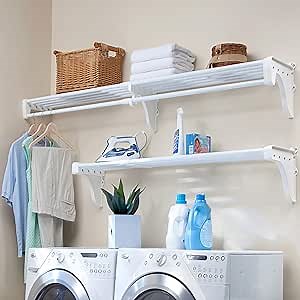 EZ Shelf Expandable Laundry Room Shelves Over Washer and Dryer - 2 Shelves (Expands 63.3 to 120") - 1 With Hanging Rod - White - Laundry Room Organization