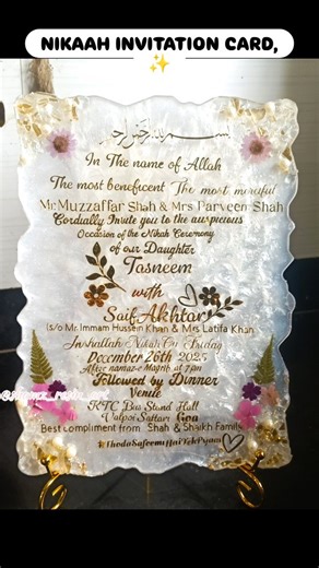 𝕊ℍ𝔸𝕄ℤ | ℝ𝔼𝕊𝕀ℕ 𝔸ℝ𝕋𝕀𝕊𝕋 | 𝔾𝕆𝔸🌸🎀 on Instagram: "RESIN NIKAAH INVITATION CARD ❤️ (Rectangular frame) (12×9 inch) Bride @_tasneem_shah_11_ DM TO ORDER #resinartgoa #resiniframe #resinnikahtray #nikahcard #resinart"
