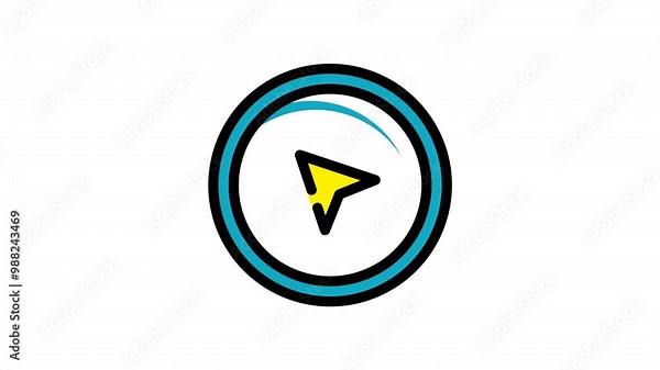 Animated navigation interface circle with black outline and yellow arrow pointing right. Ideal for business presentations, directional signs, and infographic design elements.