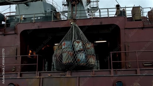 Ship crane hoisting net with rusted drums, hook engaging, aligning over hold, crew in dark clothing