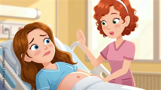Animated Loop of Pregnant Woman in Labor with Nurse Attending Blue Hospital Gown Cartoon Style Animation Healthcare