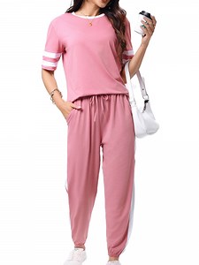 Shine Up Women Sweatsuits Casual 2 Piece Sets Striped Tracksuits Short Sleeve Summer T Shirts Long Jogger Sets Loose Activewear