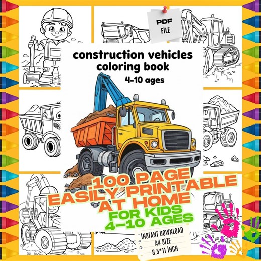 100 easy Coloring Pages, Kids Classroom Party Favors (Printable PDF), Construction Vehicles Coloring Book 100 Pages