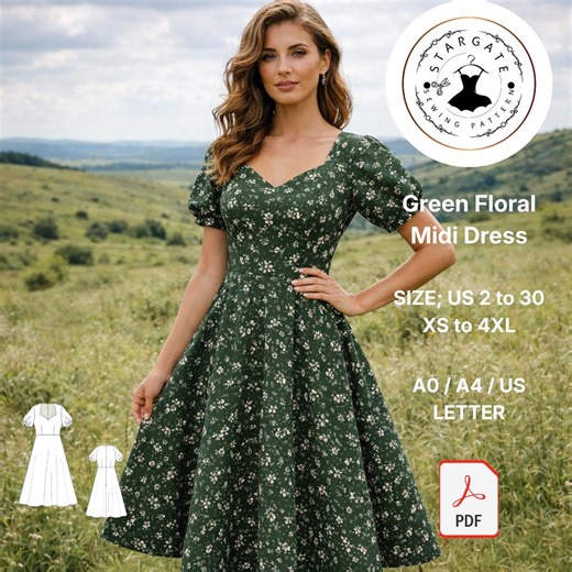 Green Floral Midi Dress Sewing Pattern, Cottagecore A-line (digital Download) - Etsy