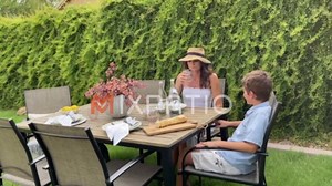 9 Pieces Patio Table and Chairs Set, Patio Dining Set for 8, 8 Blue Textilene Chairs and 1 Large Square Patio Dining Table with Umbrella Hole, for Deck Backyard Lawn Poolside