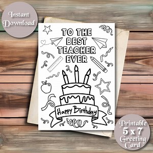 Printable Teacher Birthday Card: Colorable Doodles (PDF Download 5x7in) - Etsy