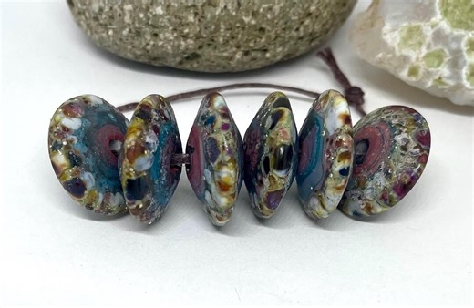Lampwork Glass Beads: Rustic Pink and Green Speckled Disks, Set of 6 - Etsy