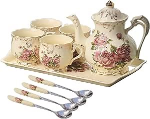 YOLIFE Tea Set, Vintage Ivory Ceramic Tea Set With Teapot, Serving Tray, Teacups, Teaspoons - Service for 4 (Pink Rose)