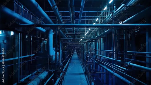 Industrial pipes, catwalks, and structural elements creating a complex network within a modern manufacturing or processing plant, emphasizing infrastructure, technology, and energy