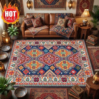 Soft Velvet Rug - Rich Persian Style Pattern In Royal Blue, Deep Red, Gold And Teal. Low-Density Easy Care Surface, Suitable For Living Room/Study/Cultural Rest Area. Fits Bohemian, Global Eclectic And Traditional Interior Decor. An Ideal Choice For Housewarming, Art Enthusiasts Or Home Decor Upgrade. | SHEIN