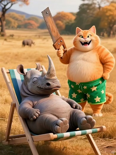 Silly Cat Mischief with Rhino Horn Stealing
