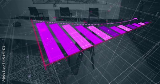 Animation of bar graph with arrow downgrading over empty chairs and tables arranged in office