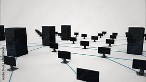 Computers and servers connection. Rack servers connected to each other and to computers.