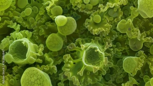 A scanning electron microscope image of a cyanobacteria bloom in a body of water. The bacteria appear as small spherical cells each . AI generation.