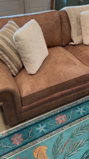 I have a ton of people asking me about our new couches. The brand is Bernhardt and they are leather, similar to a Frye leather so very soft. Hope this helps😊 | Our Life Adventures