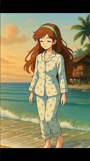 Relaxing Pajama Beach Walk🌊Ghibli Anime Girl Sunset Healing#Shorts #ghiblistyle#anime #healing