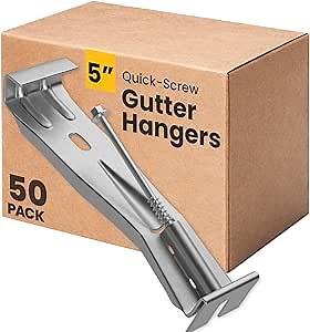 Quick-Screw 5" Gutter Hangers - Heavy Duty Hidden Gutter Brackets with Pre-Assembled Inserted Gutter Screws - Rain Gutter Parts and Accessories to Fix or Repair Sagging Rain Gutters (50 Count)