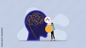 Woman with tangle of thoughts, anxiety and confusion cartoon animation