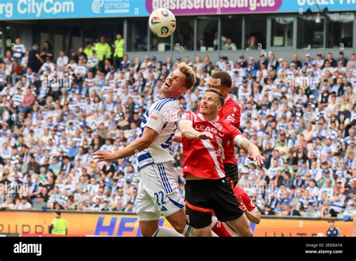 Duisburg, Deutschland. 03rd May, 2026. Duisburg, Deutschland: 03.Mai 2026 - 3. Liga - 36. Spieltag - MSV Duisburg vs. Energie Cottbus Im Bild: v.li. Thilo Töpken/Toepken (MSV), Axel Borgmann (Cottbus) und Nyamekye Awortwie-Grant (Cottbus) DFL regulations prohibit any use of photographs as image sequences and/or quasi-video. (Photo by HMB Media/Madeleine Fantini/Sipa USA) Credit: Sipa US/Alamy Live News Stock Photo - Alamy