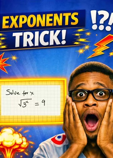 How to Solve √(3^x) = 9 | Exponents Made Easy. Can you solve this exponential equation? \\sqrt{3^x} = 9 This problem looks challenging at first, but with the laws of exponents and radicals, it becomes surprisingly simple. 📚 In this video you’ll learn: * Laws of indices * Exponential equations * Simplifying radicals * Quick exam-solving techniques * JAMB, WAEC, NECO, GCSE, and SAT math strategies Challenge yourself before watching the solution! 👍 Like, Share, and Subscribe for more math challen