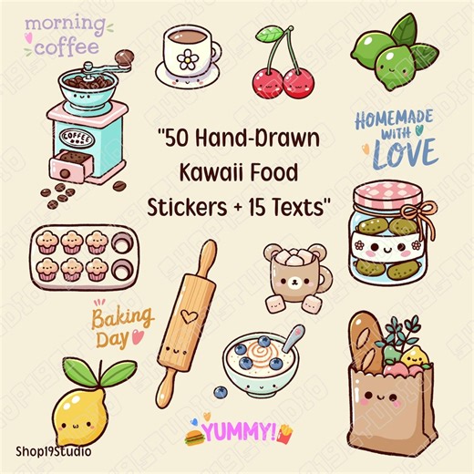 50 Hand-drawn Kawaii Digital Stickers – Cute Food Stickers for Planners & Journals – Instant Download Pngs - Etsy