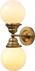 Pathson Milk White Glass Wall Sconces Lighting, 2 Lights Industrial Wall Vanity Light Fixtures Brass Finish, Vintage Wall Sconce Lamp for Bathroom Living Room Bedroom