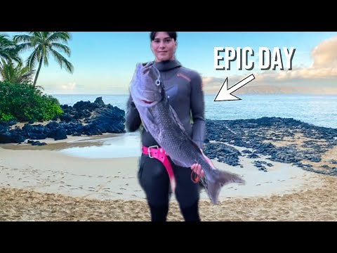 Spearfishing Maui Hawaii 100+ft dives for huge uku!