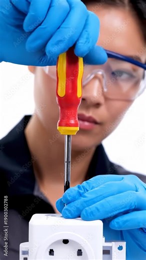 Female Technician Wearing Gloves and Safety Goggles Installing Electrical Outlet With Screwdriver