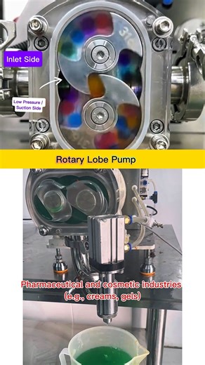 Rotary Lobe Pump Working Animation Showing Low Pressure Inlet and High Pressure Outlet Flow