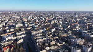 View from drone of contemporary townscape of Lodz, third largest city in Poland and former industrial centre on sunny spring day . High quality 4k footage