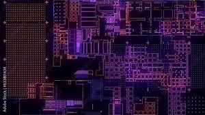 Printed circuit board. Advanced technology concept visualization: PCB processor microchip, neural network digitization and cloud computing. Digital lines transmit data. 4K animation