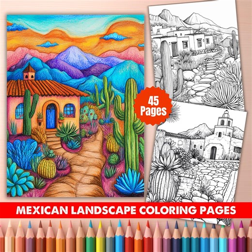 45 Mexican Landscape Coloring Pages | Mexico Scenery Printable Coloring Book for Adults - Etsy