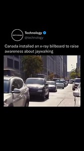 In Quebec, Canada, Société de l’assurance automobile du Québec placed these digital signs at a bus stop, to draw pedestrian attention to crossings. A camera records their body movements, and represents a reflection of them in the form of an X-ray. Suddenly, a car comes to seduce the black and white figures on the screen, frightening those watching. via: @lg2canada #technology #jaywalk #awareness #reels | Technology IG