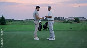 Angry golf players sign paper at green course. Sport team argue at country club