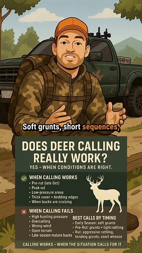 You’ve seen the shows — a guy hits a grunt tube twice and a giant buck comes charging in. But does deer calling actually work in real-world hunting? The answer is yes — but only when the conditions are right. Here’s the truth: 1. Calling works best when bucks are already feeling social. Early October? Light grunts can spark curiosity. The pre-rut? Bucks are checking each other, establishing dominance — calling works great. Peak rut? They’re fired up and aggressive. 2. Calling rarely works on pre