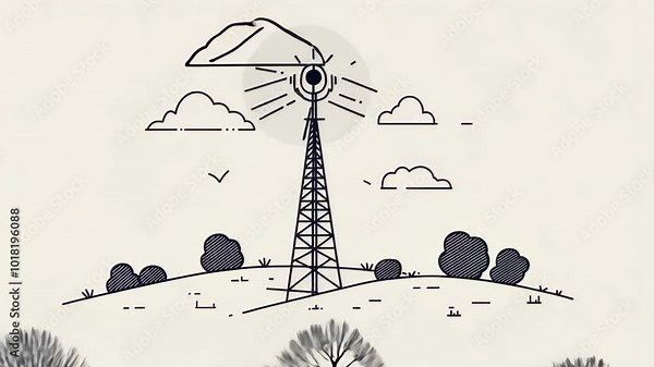 A simple line drawing of a windmill in a rural landscape with a bright sun and clouds in the sky Stock Video