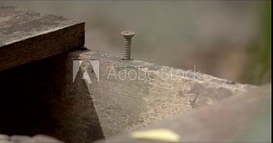 A rusty nail on dusty weathered wooden deck. Wood board repair, home renovation and refurbishment product concept. Residential architecture, construction maintenance industry business.