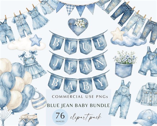 76 Blue Jean Baby Clipart Bundle | Watercolor Denim Baby Clothes | Nursery Decor PNG Baby Shower Clipart (digital Download) - Etsy