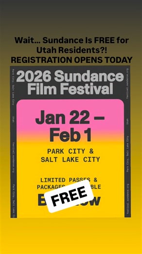 🎬 UTAH LOCALS—THIS IS FOR YOU! 🎬 Sundance just dropped one of the best perks of the year… and it’s FREE. The Sundance Institute is offering free Local Lens screenings for Utah residents during the 2026 Sundance Film Festival in Park City and Salt Lake City. That means: • Four FREE in-person screenings • One FREE online screening • Open only to Utah residents • You just have to reserve your ticket online Some of the films already announced include: “Tuner,” “Jane Elliott Against the World,” and