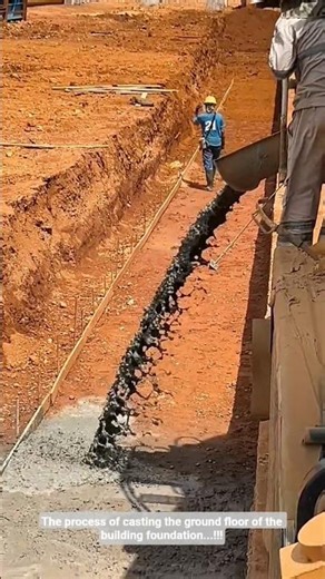 The process of casting the ground floor of the building foundation...!!!