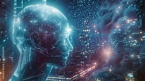 This Silhouette of a person formed from a microcircuit, representing AI visualization.