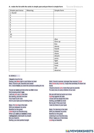 Simple past with songs worksheet