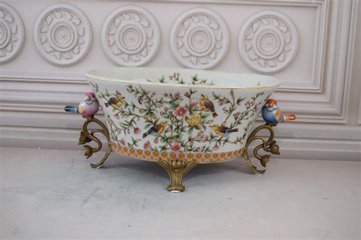 Antique Bird Porcelain Bowl – Bronze Ornament, Colorful Plateau Decor - Etsy
